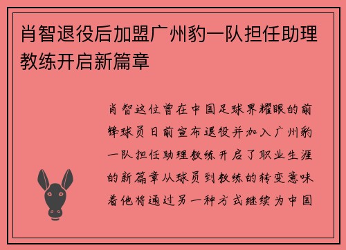 肖智退役后加盟广州豹一队担任助理教练开启新篇章